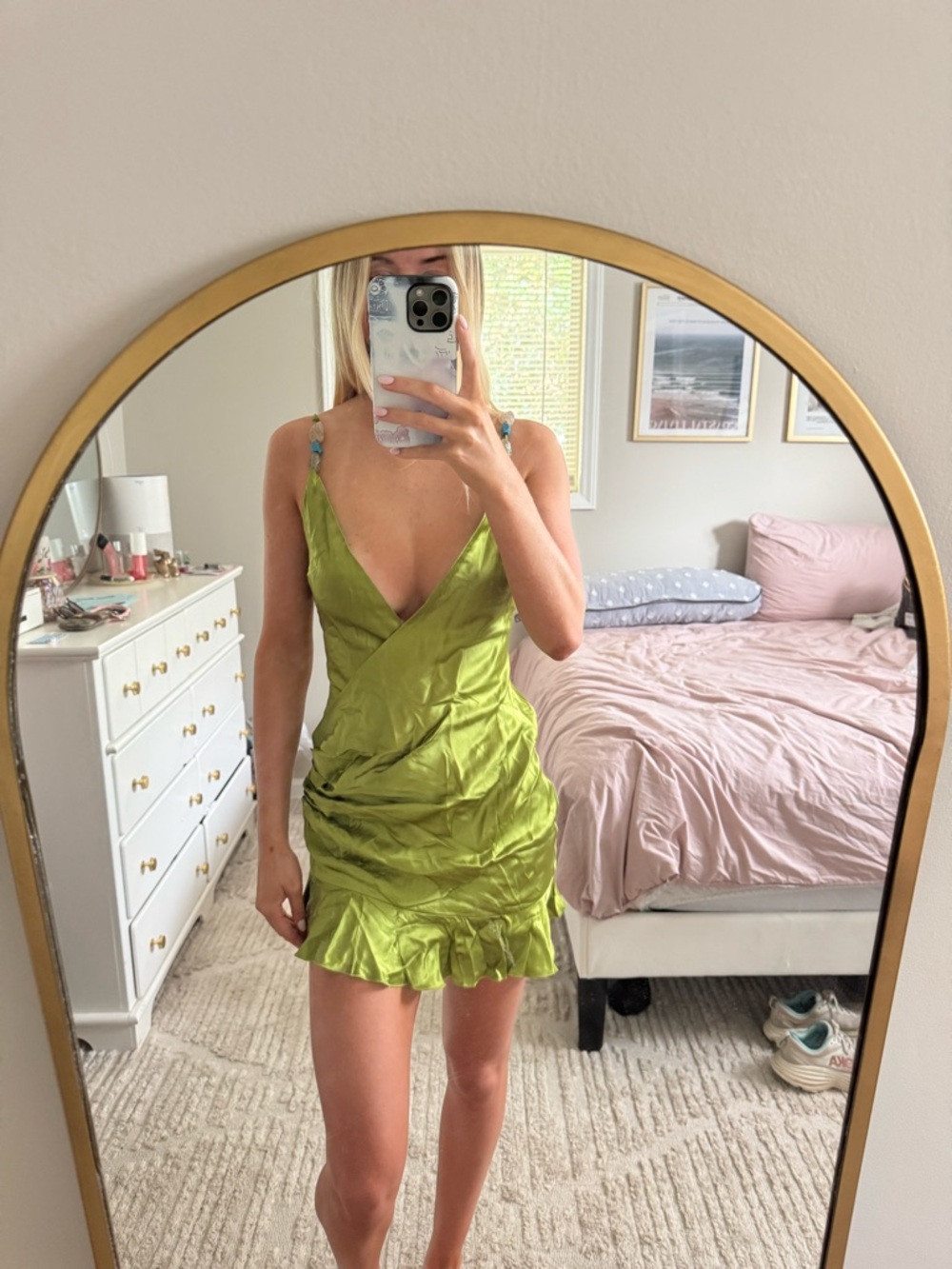 Lovers + Friends Lime Satin Wrap Mini Dress